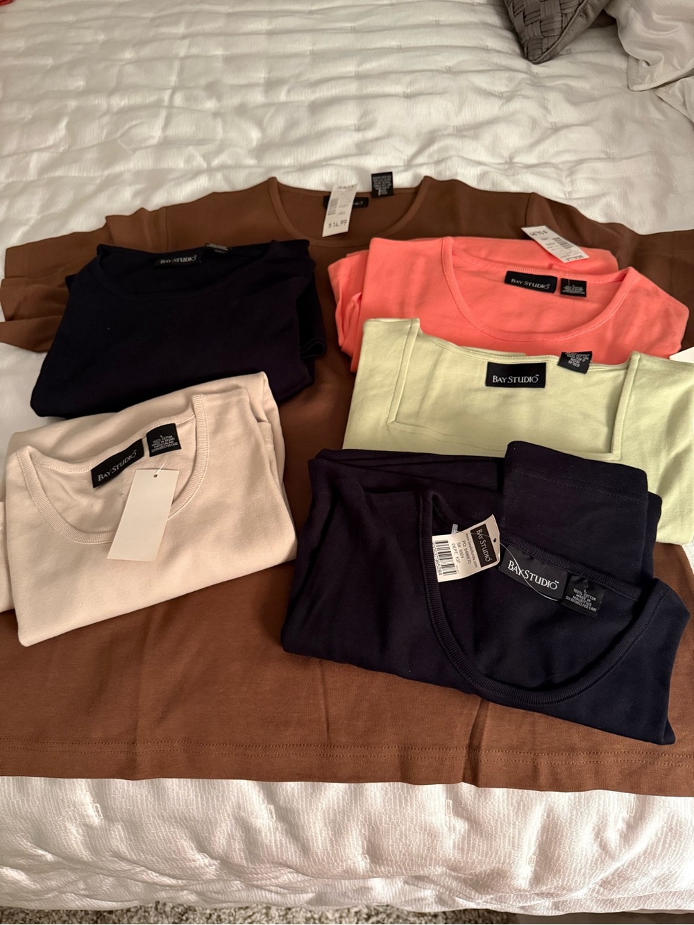 ✨BUNDLE✨ 6 Bay Studio Tee Bundle - Navy, Coral, Lime, Cream, Brown size L